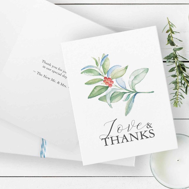 Tarjetas de agradecimiento de boda tema de Navidad (Wedding thank you cards with a Christmas theme designed with watercolor botanical art)