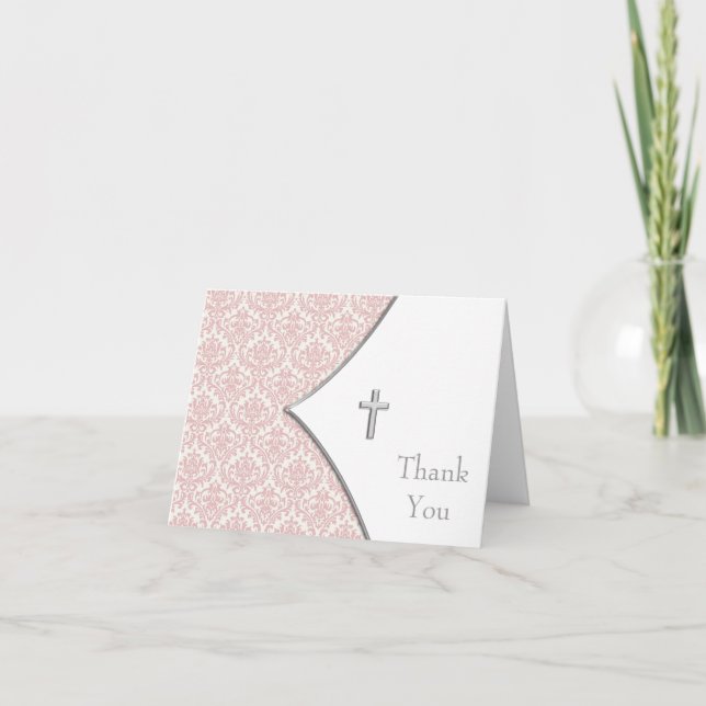 Tarjetas de agradecimiento de cruz de damasco rosa (Anverso)