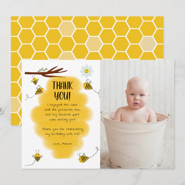 Tarjetas de agradecimiento de cumpleaños de abeja  (Anverso / Reverso)