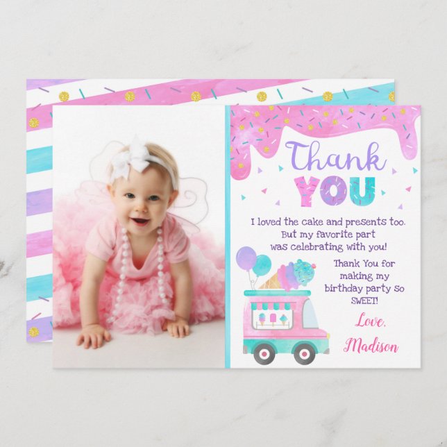 Tarjetas de agradecimiento de cumpleaños de helado (Anverso / Reverso)