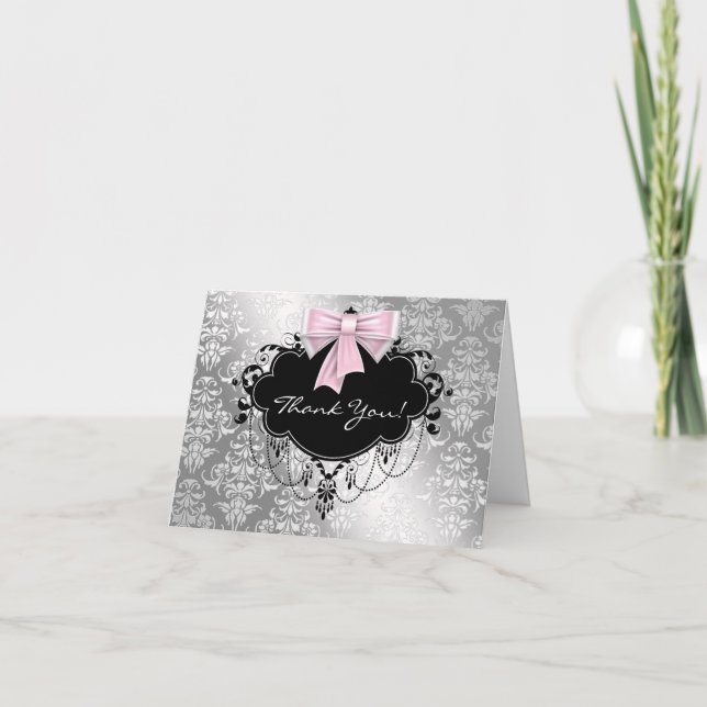 Tarjetas de agradecimiento de damasco rosa y plata (Anverso)