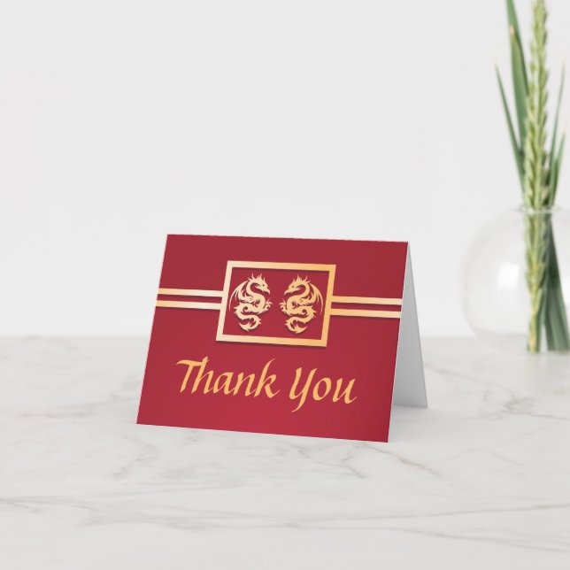 Tarjetas de agradecimiento de dragón rojo y dorado (Anverso)