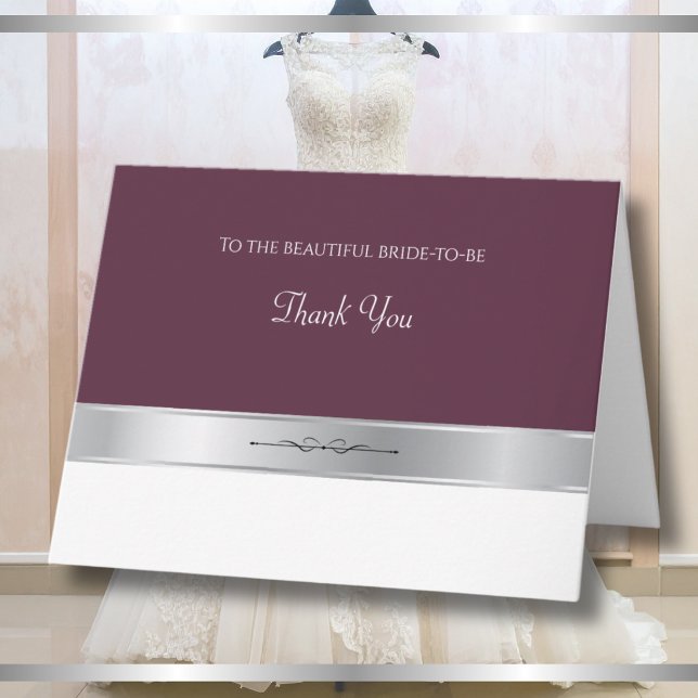 Tarjetas de agradecimiento de Editorial Mulberry B (Editorial mulberry and silver folded thank you card template for bridal boutique clients.)