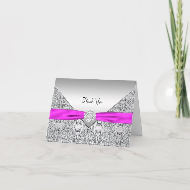 Tarjetas de agradecimiento de encaje plateado rosa (Anverso)