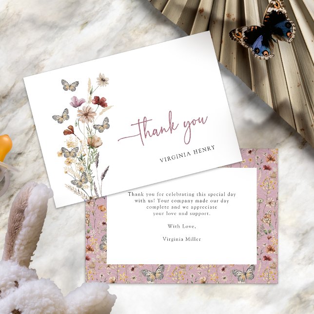 Tarjetas de agradecimiento de flor silvestre rosa (Dusty Pink Wildflower Thank You Cards with Butterflies by Painted Paperie
)