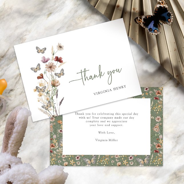Tarjetas de agradecimiento de flores silvestres bo (Sage Green Boho Wildflower Thank You Cards with Butterflies by Painted Paperie
)