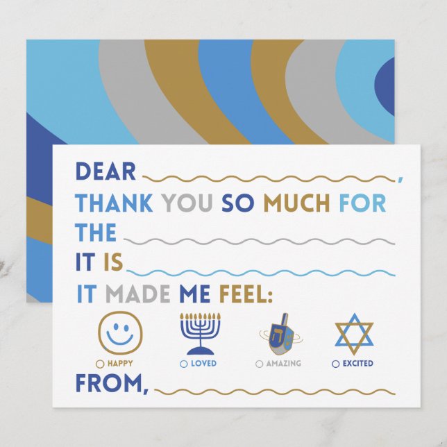 Tarjetas de agradecimiento de Hanukkah para niños  (Anverso / Reverso)