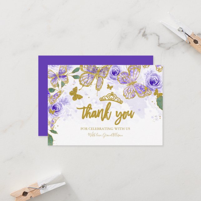 Tarjetas de agradecimiento de mariposa Quinceanera (Anverso/Reverso In Situ)