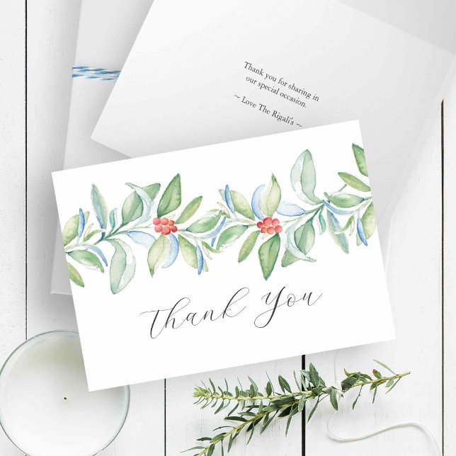 Tarjetas de agradecimiento de Navidad con vegetaci (Christmas thank you cards features watercolor holiday botanicals in shades of red and green, )