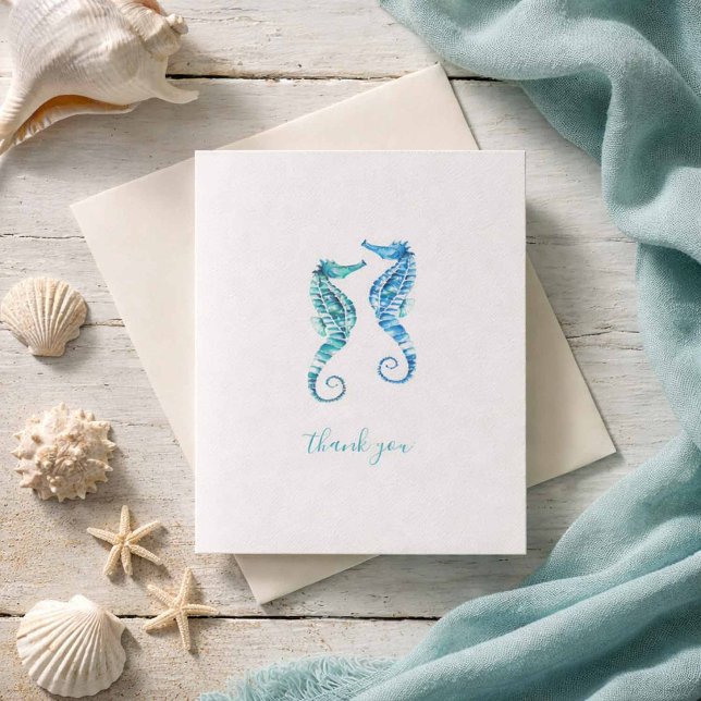 Tarjetas de agradecimiento de playa Caballitos de  (Beach Wedding thank you cards folded watercolor blue seahorses Victoria Grigaliunas Do Tell A Belle)