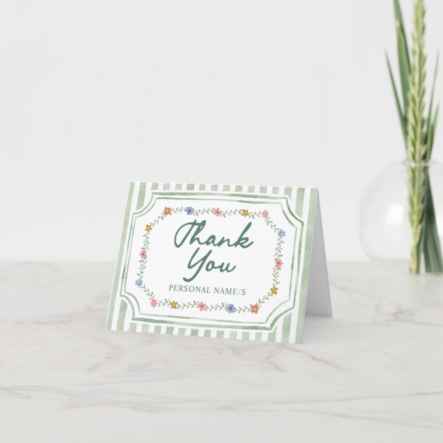 Tarjetas de agradecimiento de rayas verdes florale (Anverso)