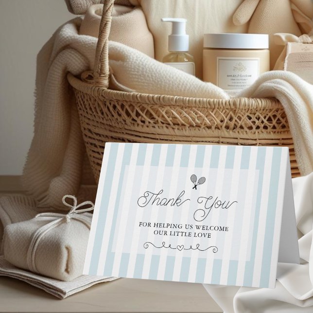 Tarjetas de agradecimiento de tenis a rayas azules (grey tennis theme blank baby shower bingo game sheet)