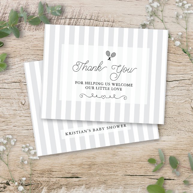Tarjetas de agradecimiento de tenis a rayas grises (grey tennis theme thank you cards with elegant preppy striped design)