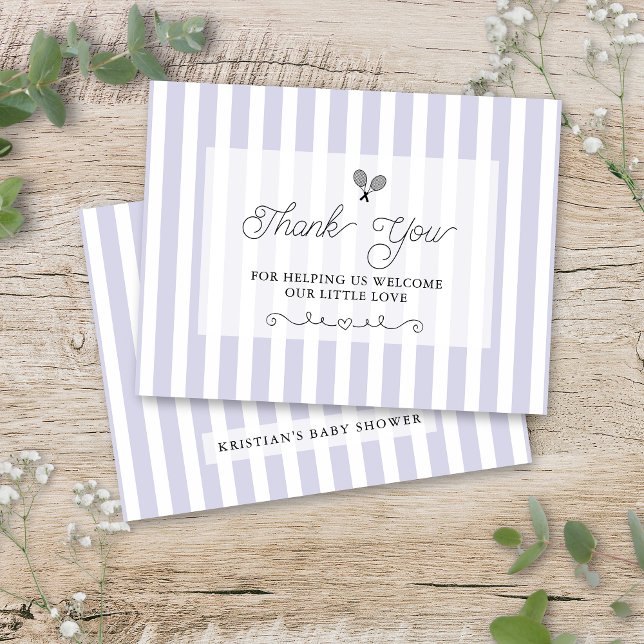 Tarjetas de agradecimiento de tenis a rayas morada (purple tennis theme thank you cards with elegant preppy striped design)
