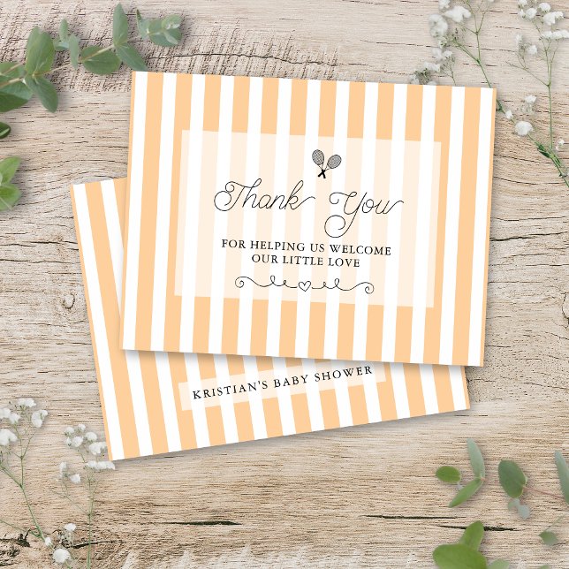 Tarjetas de agradecimiento de tenis a rayas naranj (orange tennis theme thank you cards with elegant preppy striped design)
