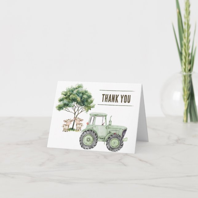 Tarjetas de agradecimiento de tractor verde acuare (Anverso)
