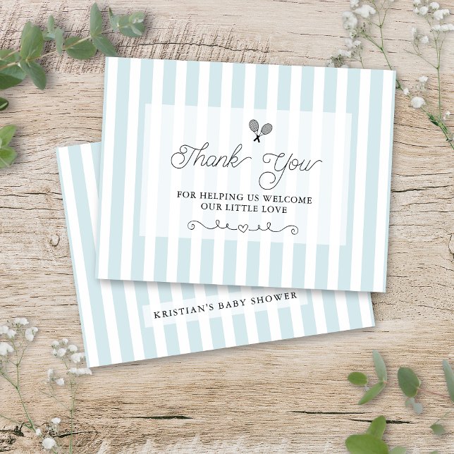 Tarjetas de agradecimiento deportivas a rayas azul (blue tennis theme thank you cards with elegant preppy striped design)