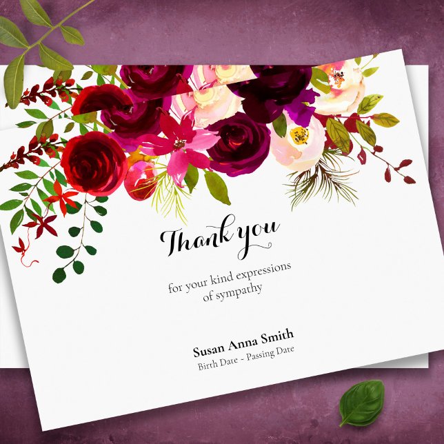 Tarjetas de agradecimiento funerales | Crimson Flo (Watercolor floral memorial funeral thank you card, celebration of life)