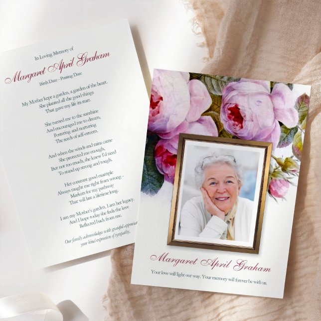 Tarjetas de agradecimiento funerales | Florales bo (Bereavement Sympathy Botanical Florals in Pink Memorial Funeral Thank You Card with Photo)