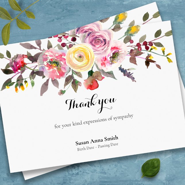 Tarjetas de agradecimiento funerales | Florales tr (Peaceful florals bereavement sympathy memorial funeral thank you card)