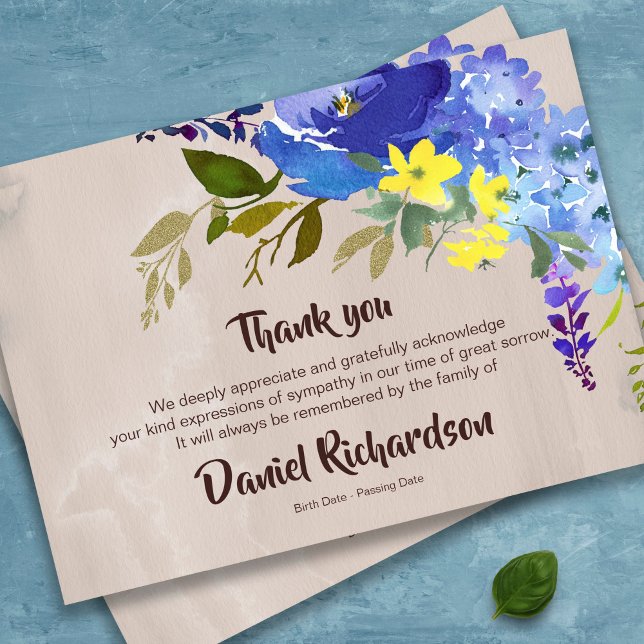 Tarjetas de agradecimiento funerales | Flores acuá (Watercolor floral in blue bereavement Memorial Sympathy Funeral Thank You Card)
