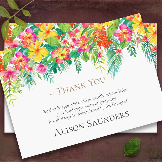 Tarjetas de agradecimiento funerales | Flores trop (Tropical Florals Bereavement Memorial Sympathy Funeral Thank You Cards)