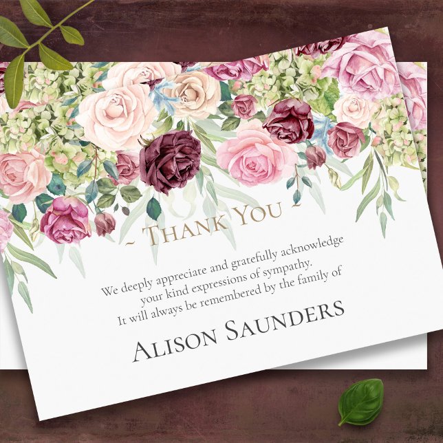Tarjetas de agradecimiento funerales | Jardín Rosa (Sympathy Roses in shades of pink Memorial Bereavement Funeral Thank You Card)