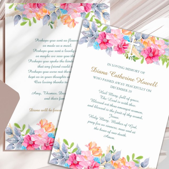 Tarjetas de agradecimiento funerales | Jardín Rúst (Floral Garden with Cross Sympathy Memorial Bereavement Funeral Thank You Card)