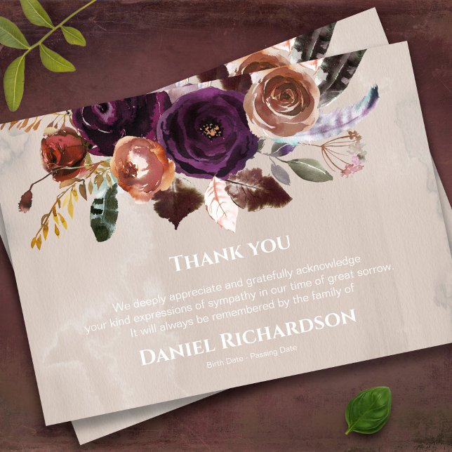 Tarjetas de agradecimiento funerales | Mariposa y  (Boho style watercolor floral memorial bereavement sympathy funeral thank you card)