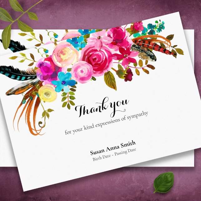 Tarjetas de agradecimiento funerales | Pájaros y f (Feather and florals bereavement memorial sympathy funeral thank you card)