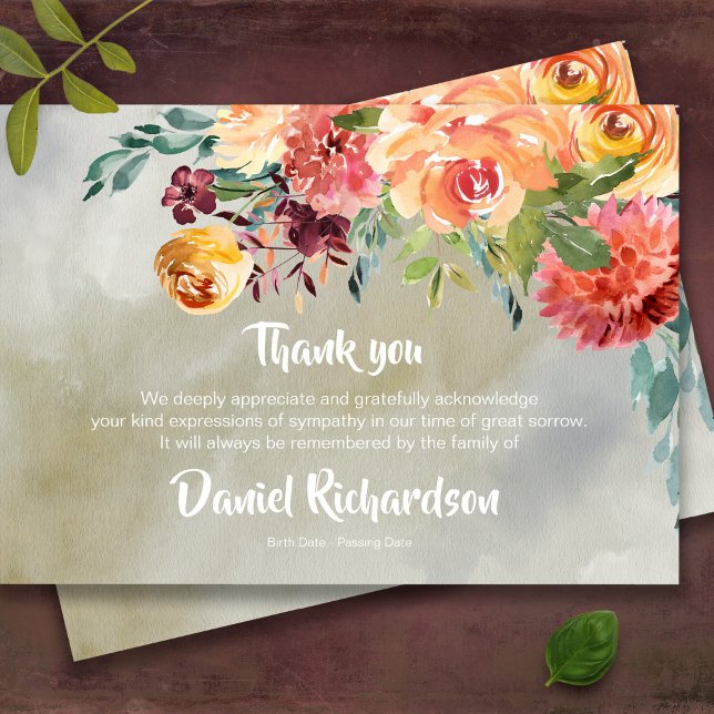 Tarjetas de agradecimiento funerales | Paprika Flo (Elegant watercolor floral memorial bereavement sympathy funeral thank you card)