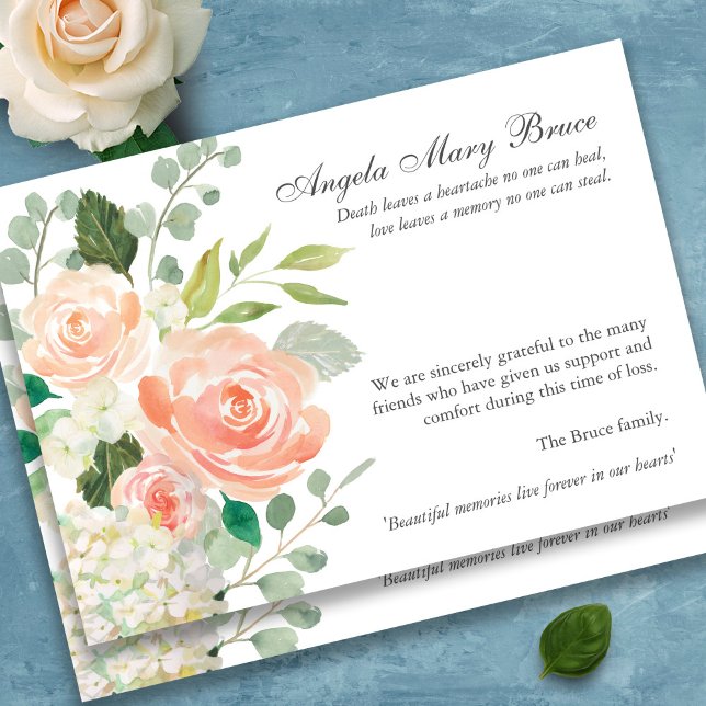 Tarjetas de agradecimiento funerales | Peach Rosas (Peach Roses watercolor floral sympathy bereavement funeral thank you card)