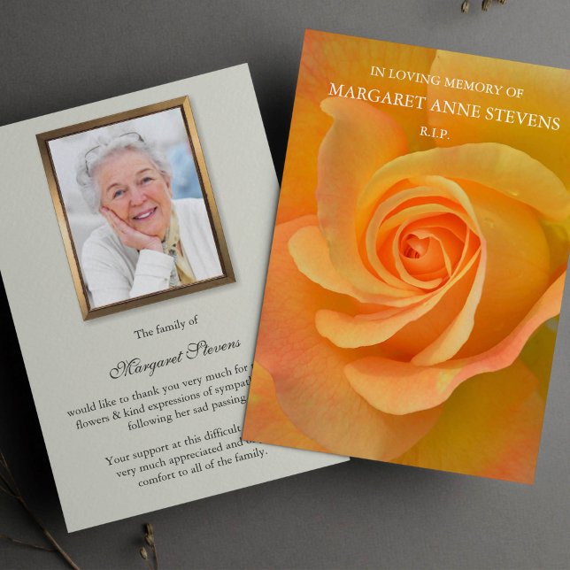 Tarjetas de agradecimiento funerales | ROSA NARANJ (Orange Rose Memorial Bereavement Sympathy Funeral Thank You Card)