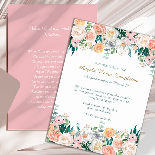 Tarjetas de agradecimiento funerales | Rosas acuar (Watercolor Roses Sympathy Bereavement Memorial Funeral Thank You Card)