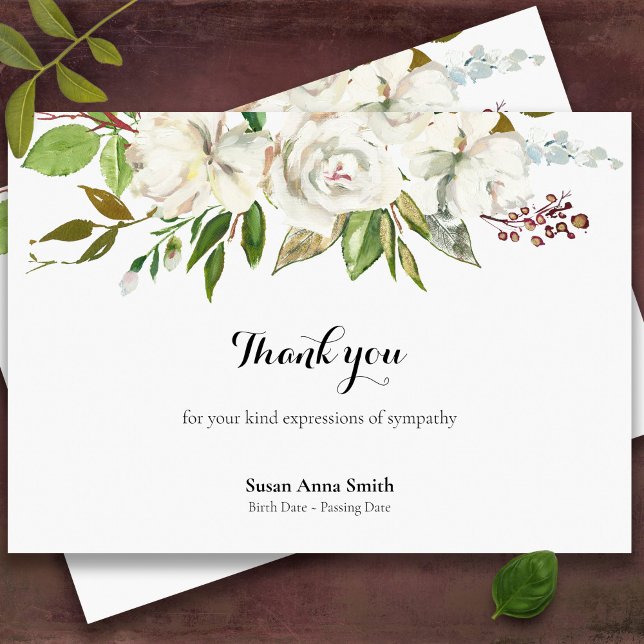 Tarjetas de agradecimiento funerales | Rosas blanc (White roses sympathy bereavement memorial funeral thank you card)