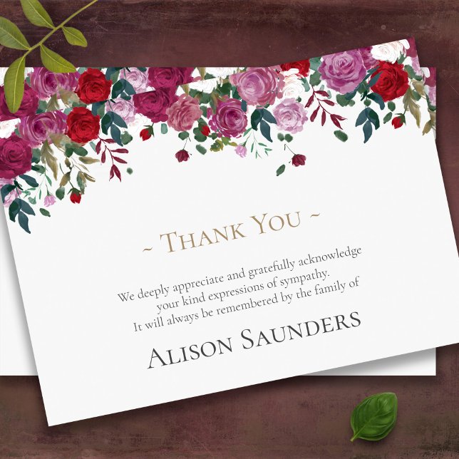 Tarjetas de agradecimiento funerales | Rosas de ac (Pink roses bereavement sympathy memorial funeral thank you card)