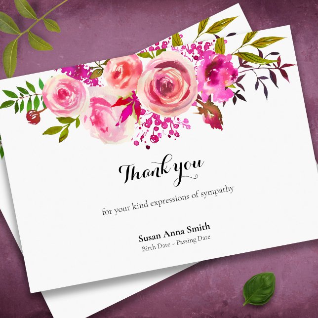 Tarjetas de agradecimiento funerales | Rosas de ag (Watercolor roses floral memorial sympathy funeral thank you card)