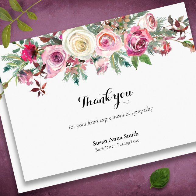 Tarjetas de agradecimiento funerales | Rosas escar (Winter roses bereavement sympathy memorial funeral thank you card)