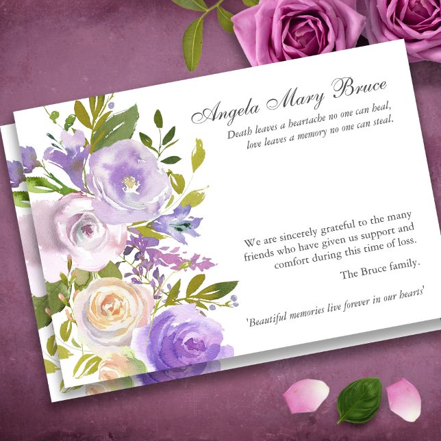 Tarjetas de agradecimiento funerales | Rosas morad (Purple Roses Sympathy Bereavement Memorial Funeral Thank You Card)