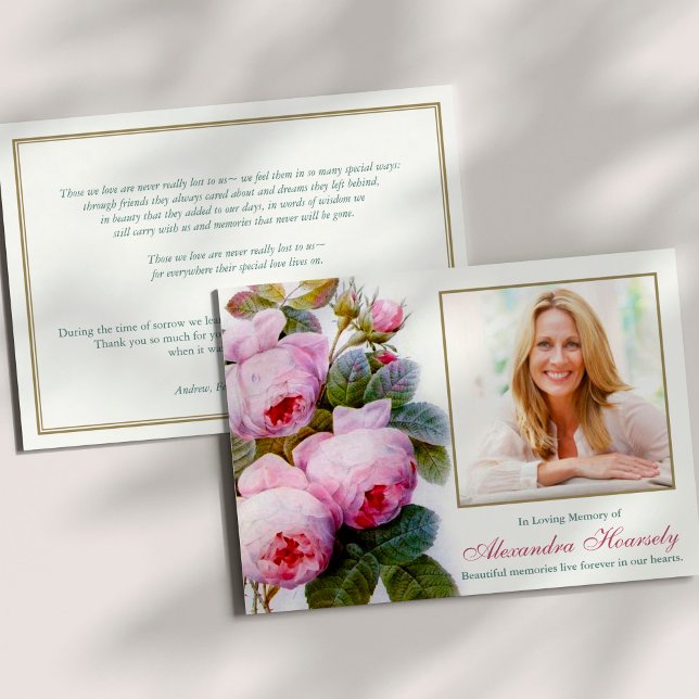 Tarjetas de agradecimiento funerales | Roses rosad (Sympathy Botanical Pink Peony Roses Memorial Bereavement Funeral Thank You Cards)