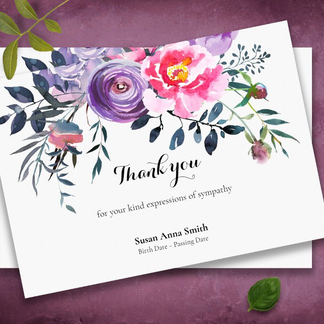 Tarjetas de agradecimiento funerales | Rubor y Gri (Pretty Rustic Floral watercolor memorial sympathy bereavement funeral thank you card)