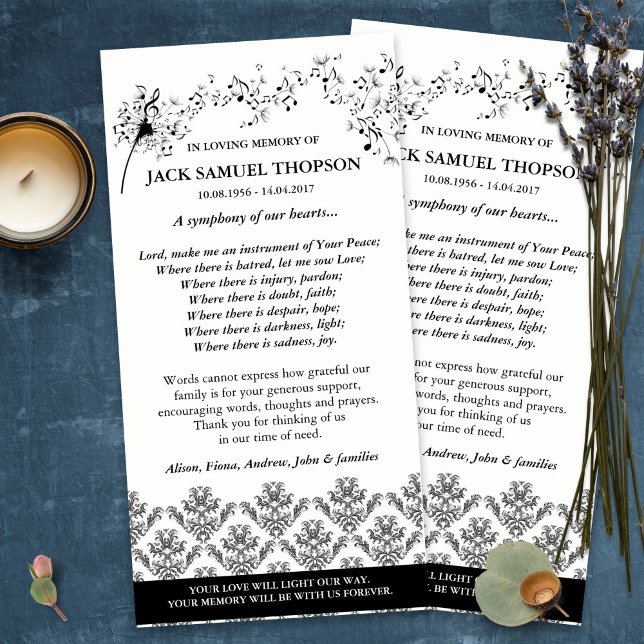 Tarjetas de agradecimiento funerales | Sinfonía de (funeral thank you cards, bereavement, elegant, simple, celebration of life, sympathy card)
