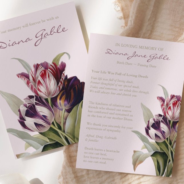 Tarjetas de agradecimiento funerales | Tulipanes h (Beautiful Tulips Sympathy Bereavement Memorial Funeral Thank You Card)