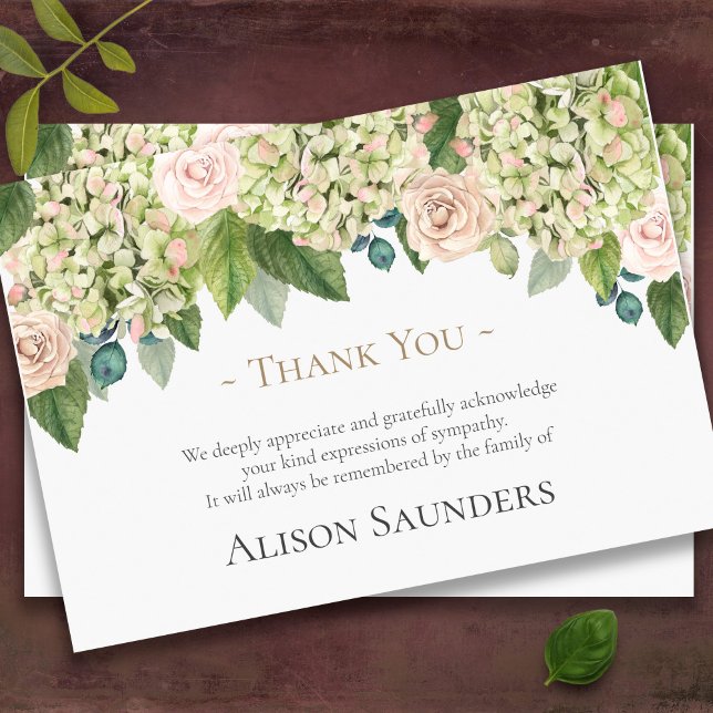 Tarjetas de agradecimiento funerales | Vintage Hyd (Sympathy Hydrangea Roses floral drop bereavement memorial funeral thank you card)