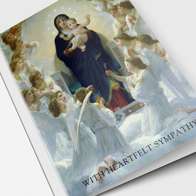 Tarjetas de agradecimiento funerales | Virgen con  (Religious Catholic Sympathy Card. The Virgin with Angels funeral thank you cards)