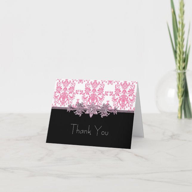Tarjetas de agradecimiento Jewel Rosa Negro Damask (Anverso)