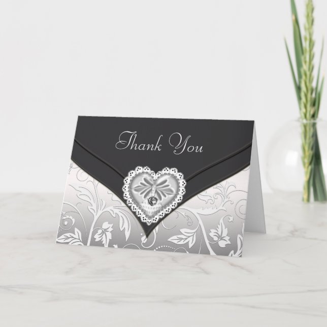 Tarjetas de agradecimiento Negro Blanco Plata Cora (Anverso)