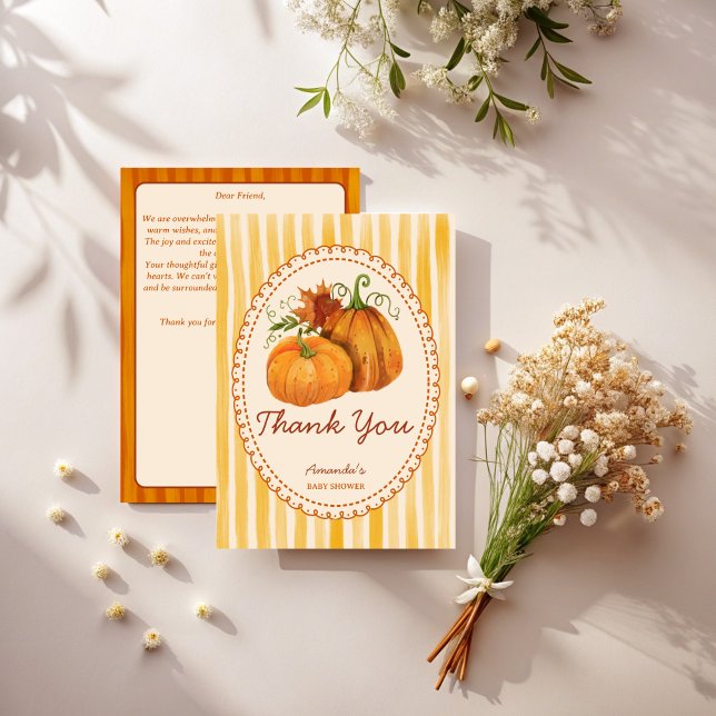 Tarjetas de agradecimiento para baby shower del pe (Little pumpkin retro stripes fall baby shower thank you cards template)
