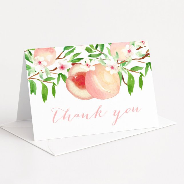 Tarjetas de agradecimiento para baby shower, huert (Sweet as a peach folding thank you card design featuring pretty watercolor peaches and leaves)