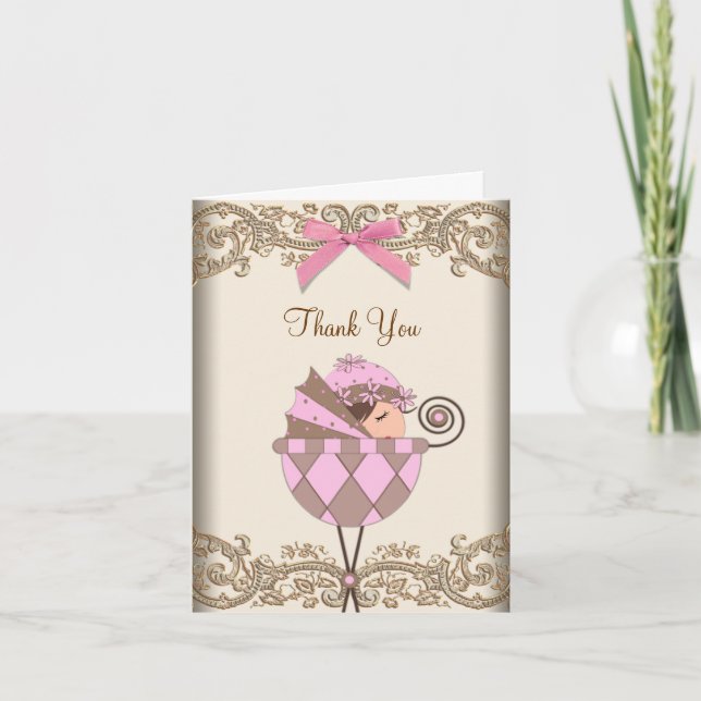 Tarjetas de agradecimiento para baby shower rosa y (Anverso)